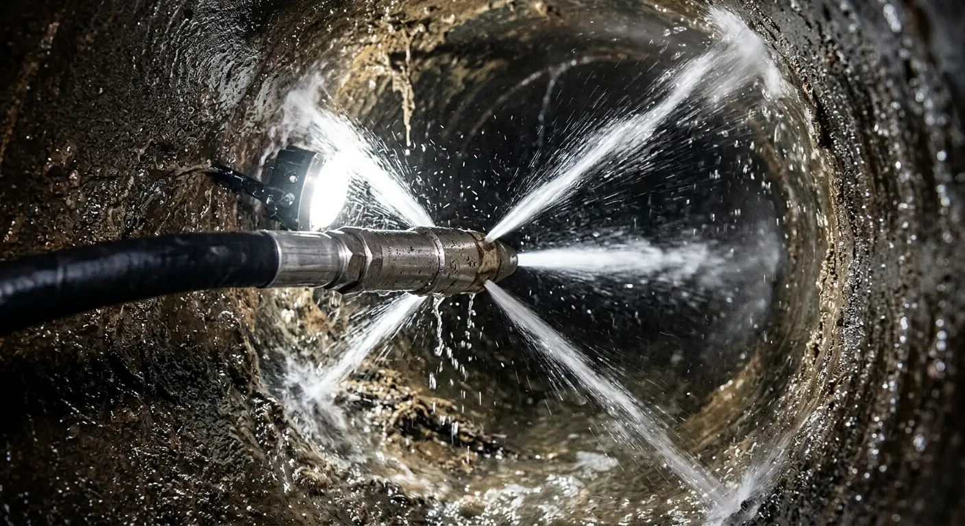 High-pressure hydro jetting nozzle cleaning sewer pipe for Sewer Line Relining in Topsfield