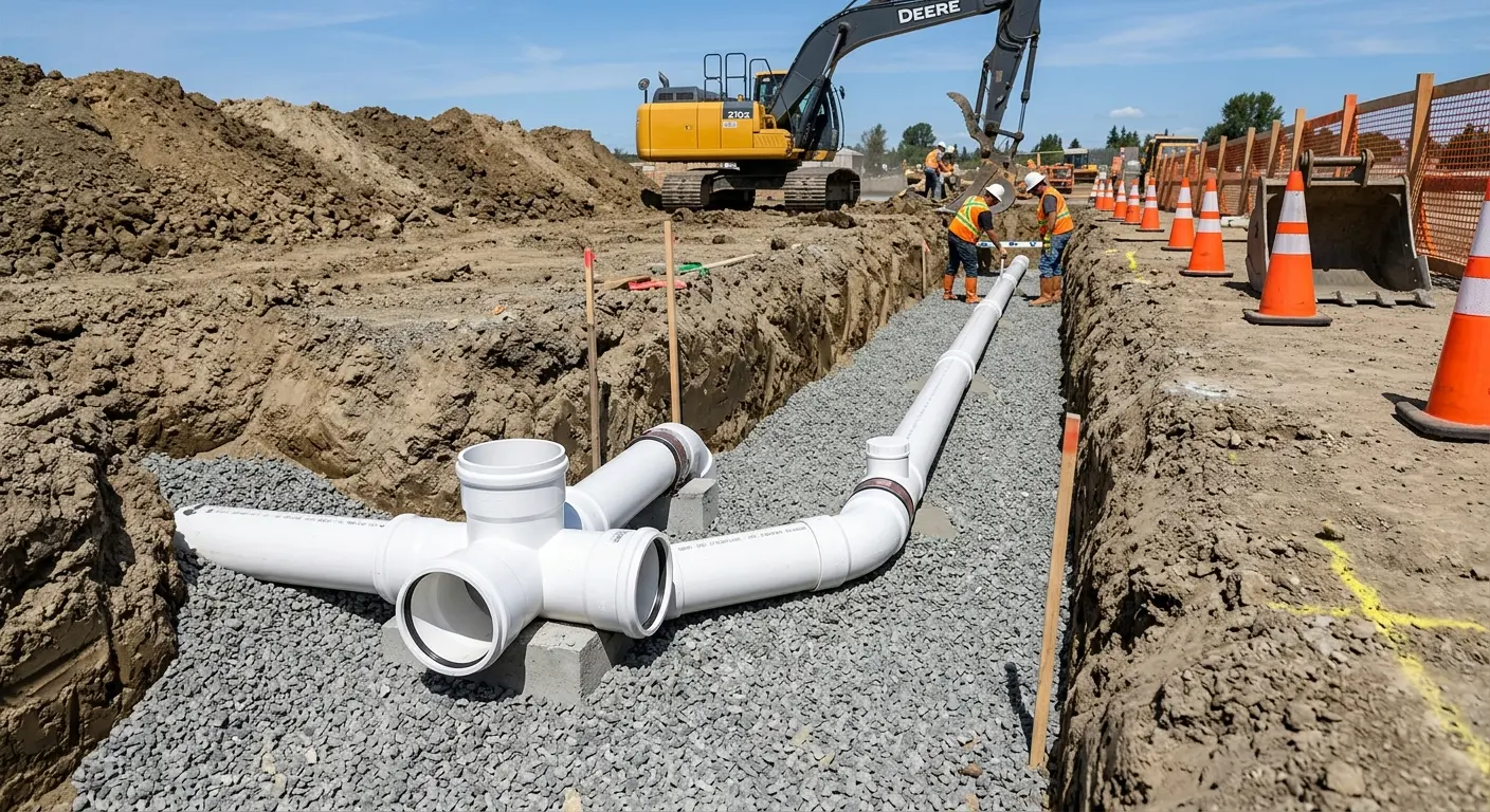New PVC sewer pipe installation in open trench for Sewer Backup in Topsfield