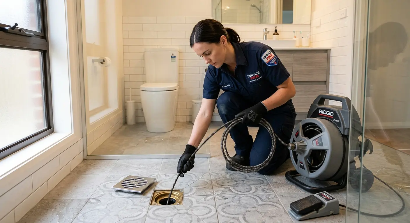 Technician clearing a bathroom floor drain for Drain Cleaning in Topsfield